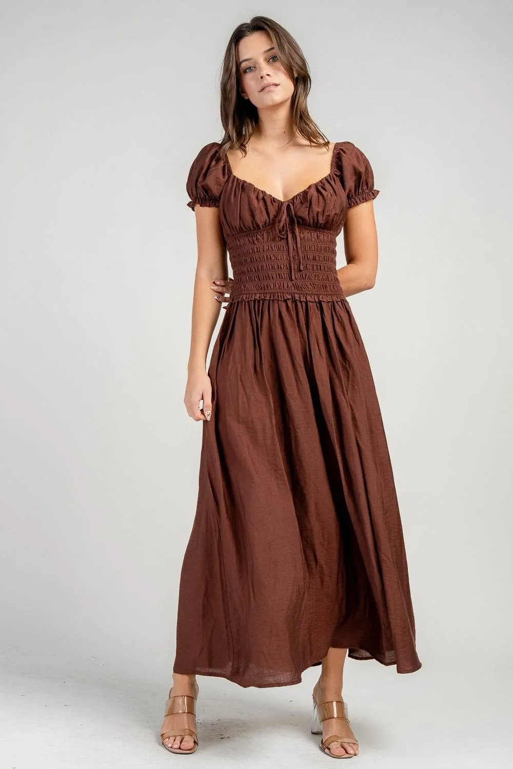 CD30852N / SMOCKED BODICE TIE FRONT PUFF SLEEVE MAXI DRESS sold by privy product image thumbnail 4