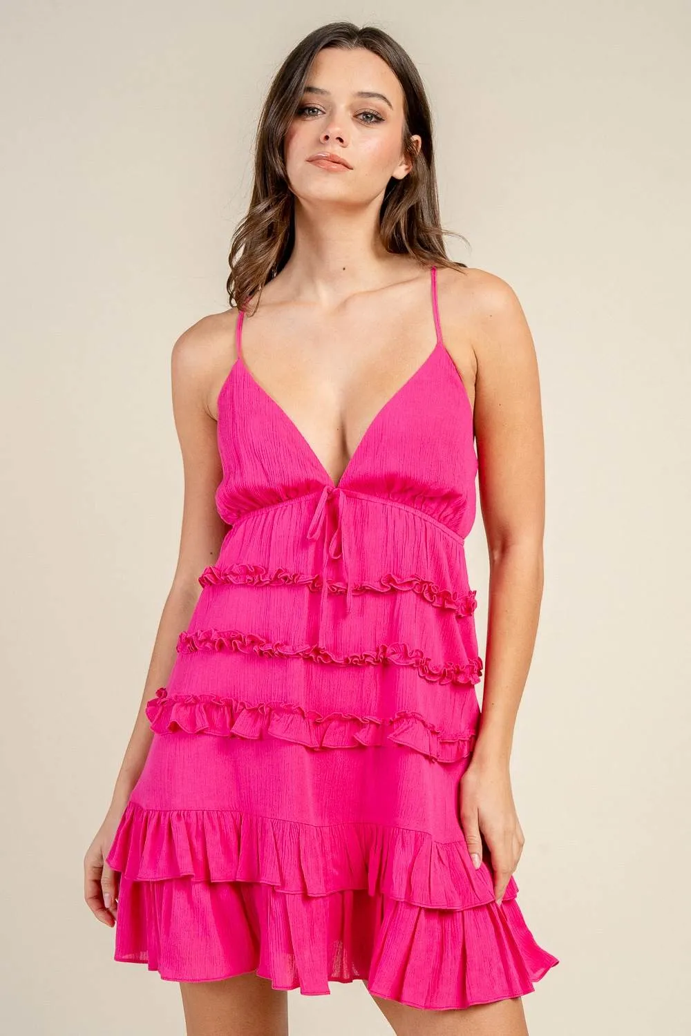 BD13242S / DEEP V-NECK TIE FRONT RUFFLED TIERED MINI DRESS sold by privy