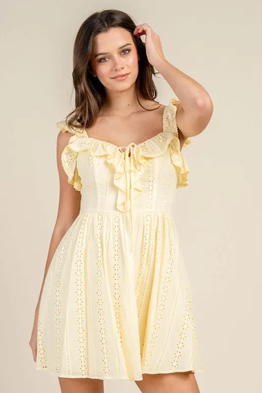 BD13277S / RUFFLED EYELET LACE TIE FRONT MINI DRESS sold by privy