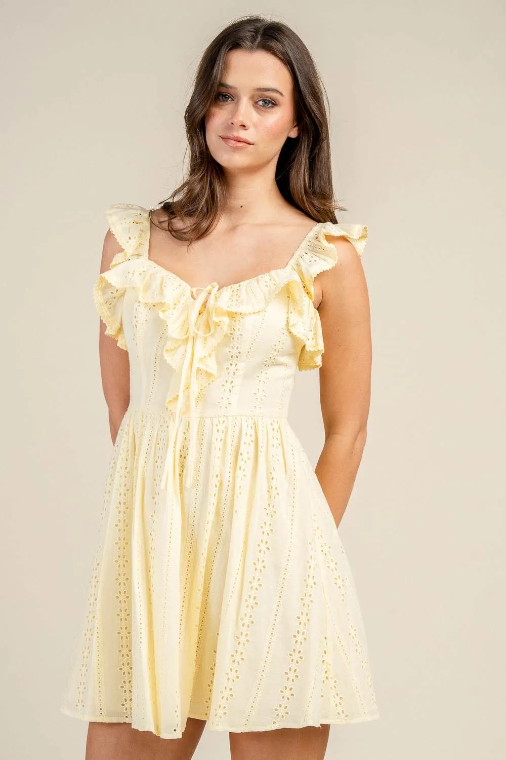 BD13277S / RUFFLED EYELET LACE TIE FRONT MINI DRESS sold by privy product image thumbnail 2