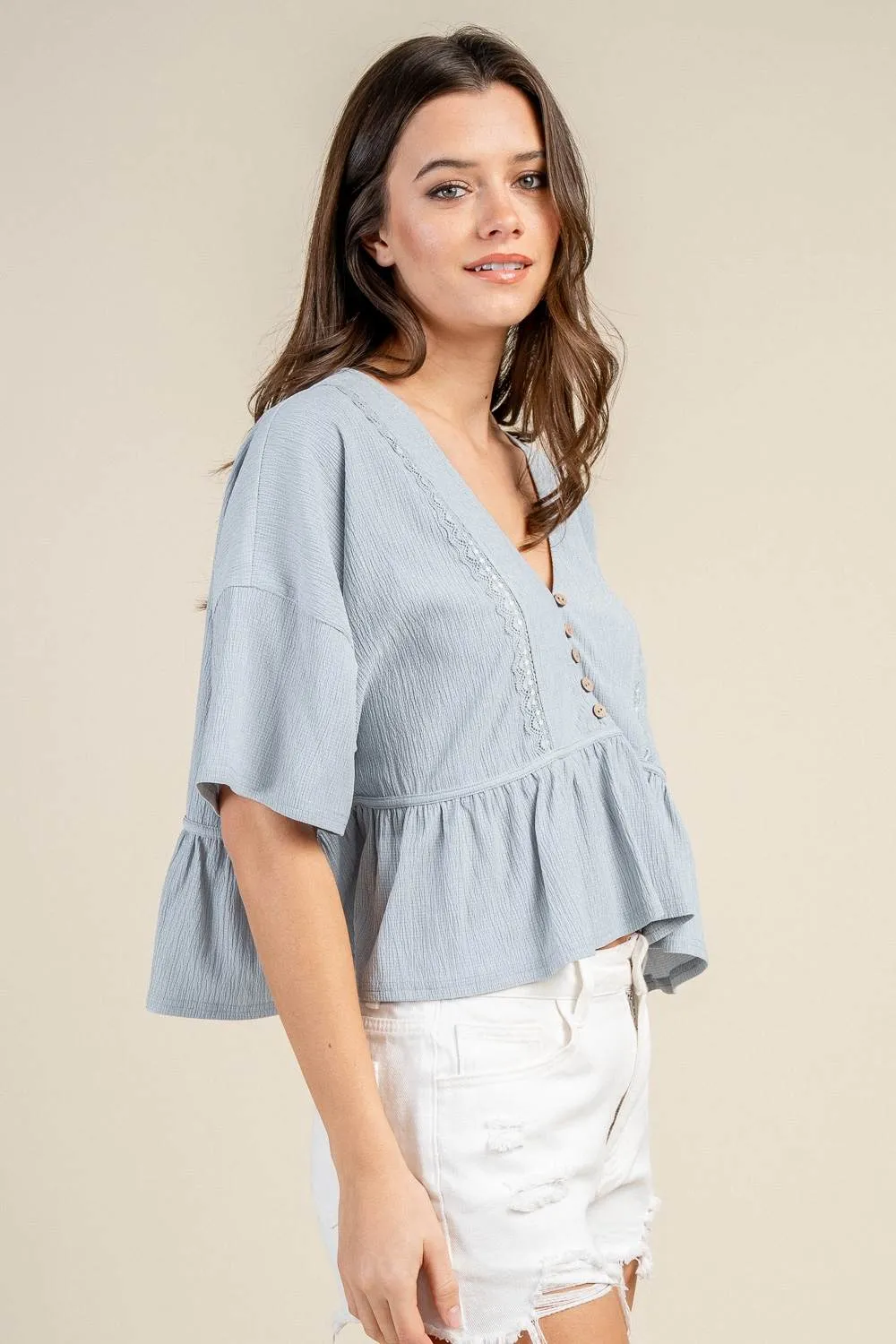 BT3411S / V-NECK BUTTON FRONT PEPLUM BLOUSE sold by privy product image thumbnail 2