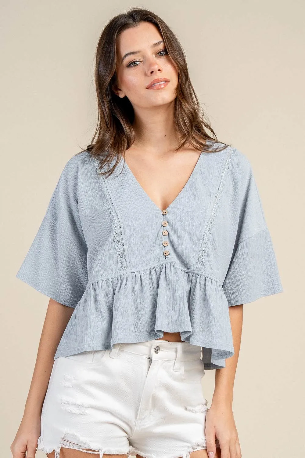 BT3411S / V-NECK BUTTON FRONT PEPLUM BLOUSE sold by privy product image thumbnail 4