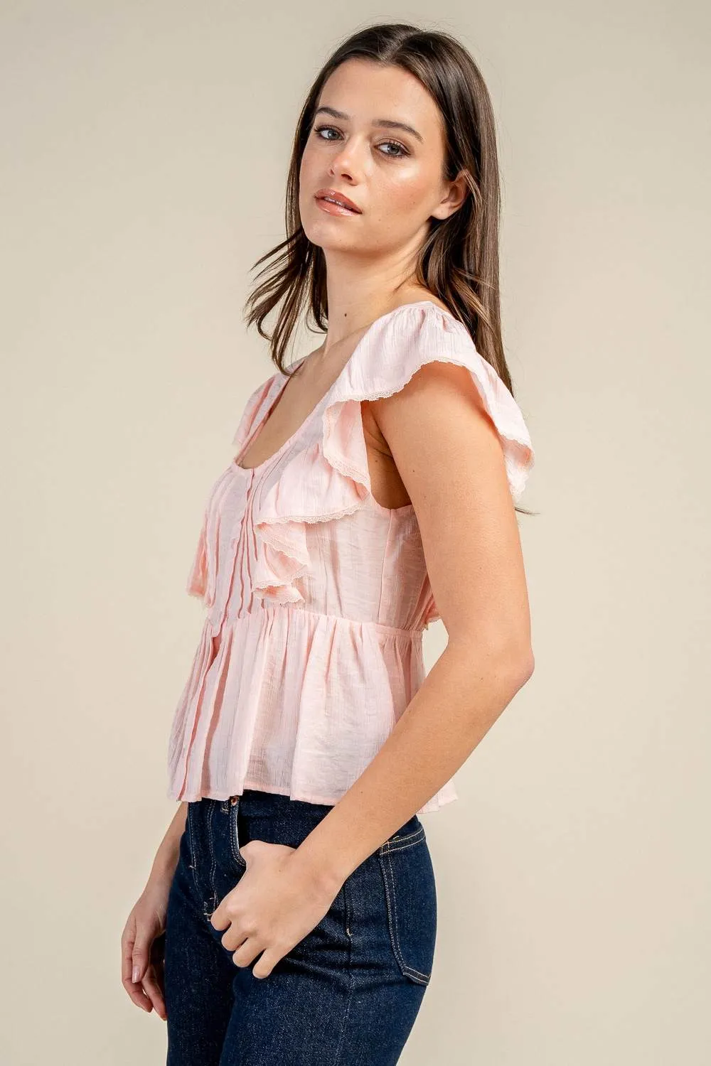 BT3408S / RUFFLED SLEEVE BUTTON FRONT PEPLUM BLOUSE sold by privy product image thumbnail 2