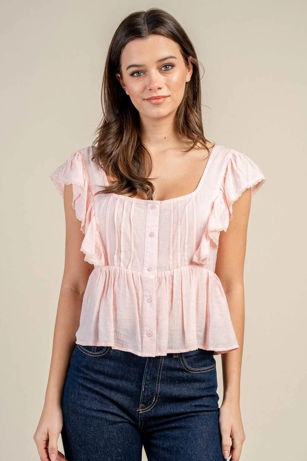 BT3408S / RUFFLED SLEEVE BUTTON FRONT PEPLUM BLOUSE sold by privy product image thumbnail 3