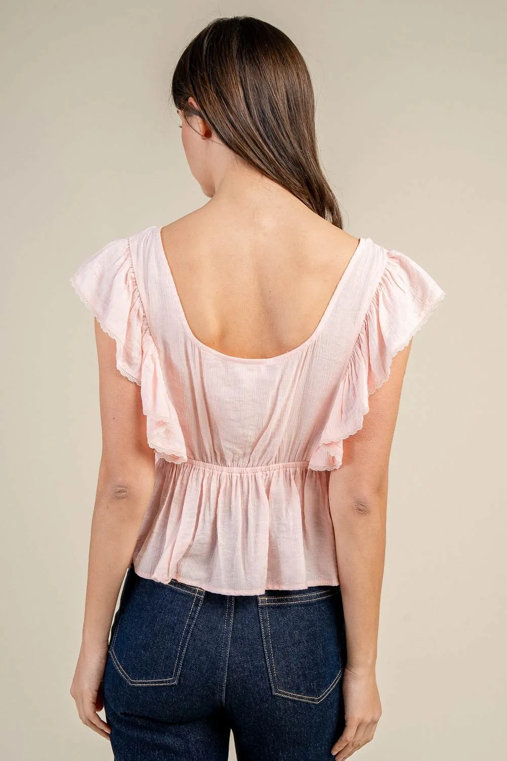 BT3408S / RUFFLED SLEEVE BUTTON FRONT PEPLUM BLOUSE sold by privy product image thumbnail 4