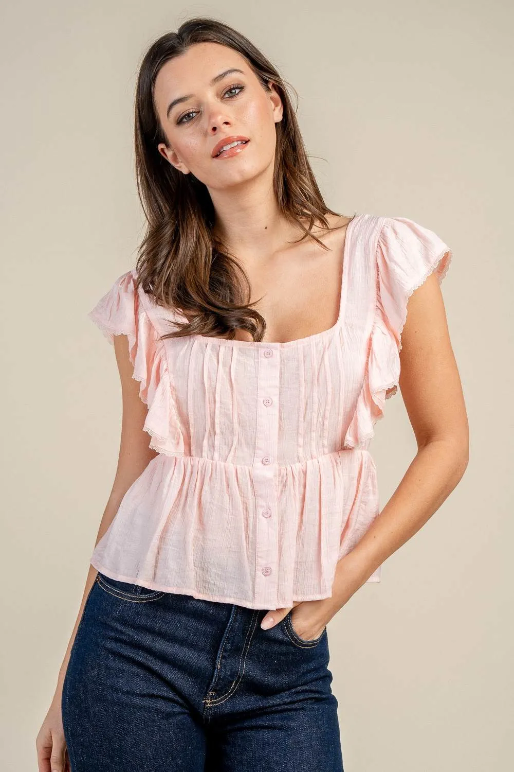 BT3408S / RUFFLED SLEEVE BUTTON FRONT PEPLUM BLOUSE sold by privy