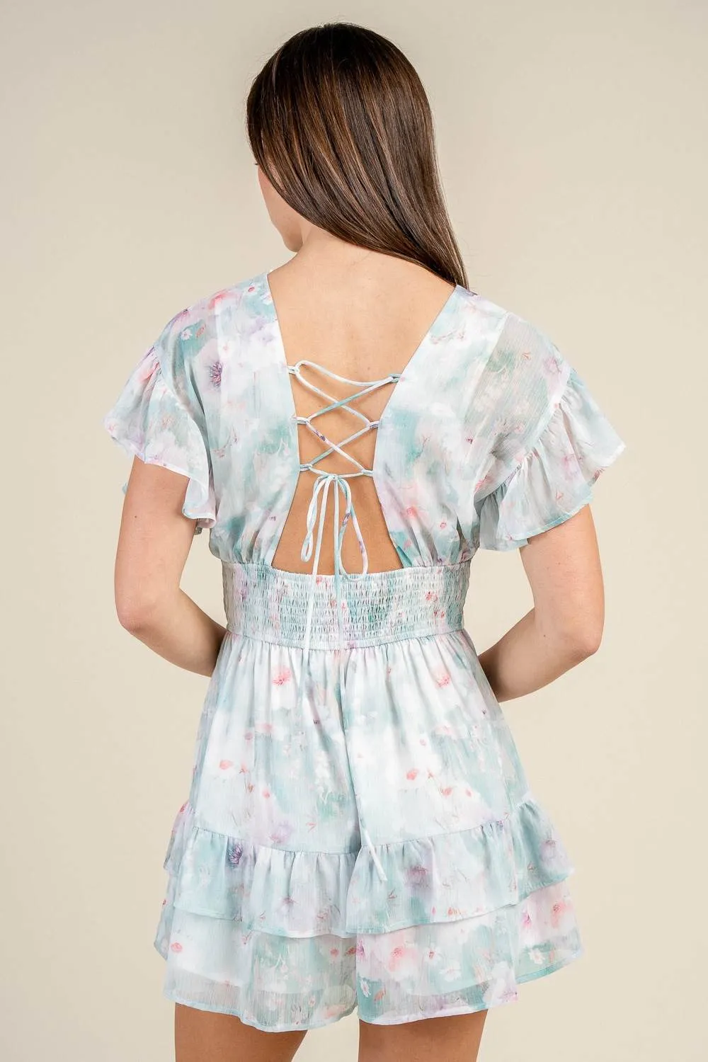BJ7359E / FLUTTER SLEEVE FLORAL LACE-UP BACK ROMPER sold by privy product image thumbnail 3