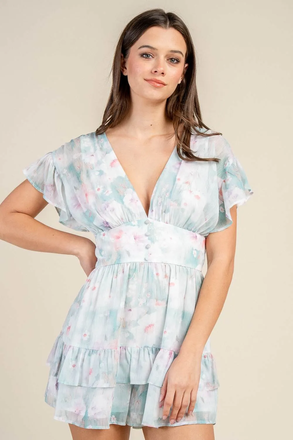 BJ7359E / FLUTTER SLEEVE FLORAL LACE-UP BACK ROMPER sold by privy product image thumbnail 4