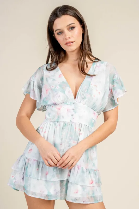 BJ7359E / FLUTTER SLEEVE FLORAL LACE-UP BACK ROMPER sold by privy