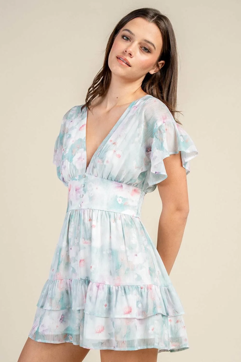 BJ7359E / FLUTTER SLEEVE FLORAL LACE-UP BACK ROMPER sold by privy product image thumbnail 2