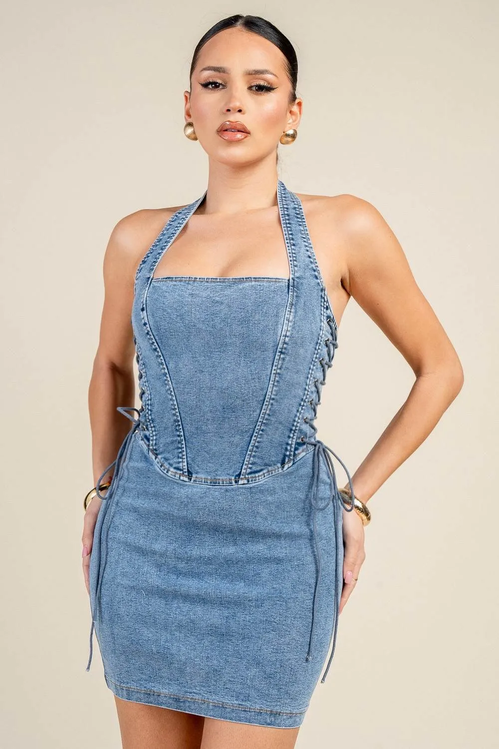 PD79592D / HALTER NECK SIDE LACE-UP DENIM MINI DRESS sold by privy product image thumbnail 4