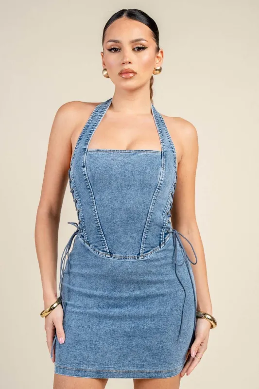 PD79592D / HALTER NECK SIDE LACE-UP DENIM MINI DRESS sold by privy