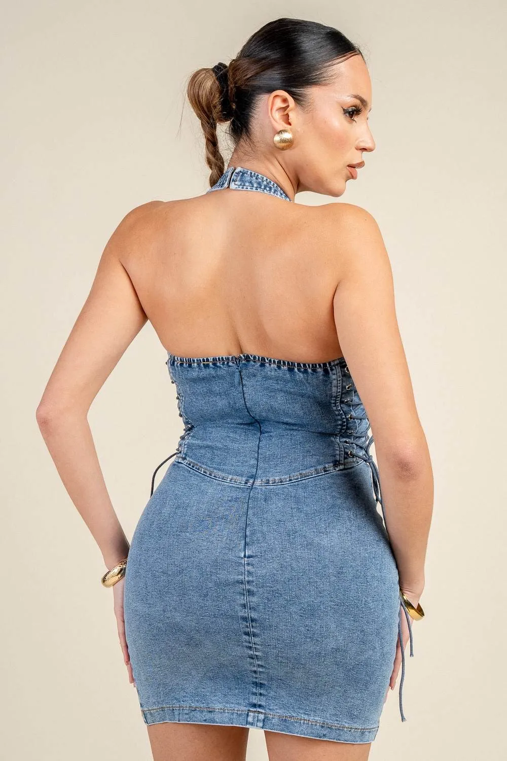 PD79592D / HALTER NECK SIDE LACE-UP DENIM MINI DRESS sold by privy product image thumbnail 3