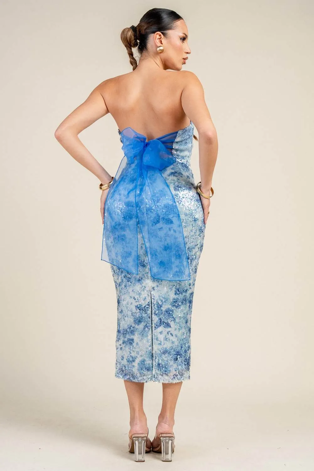 HD30824E / STRAPLESS SEQUIN PRINT MIDI DRESS W/ BACK RIBBON sold by privy product image thumbnail 3
