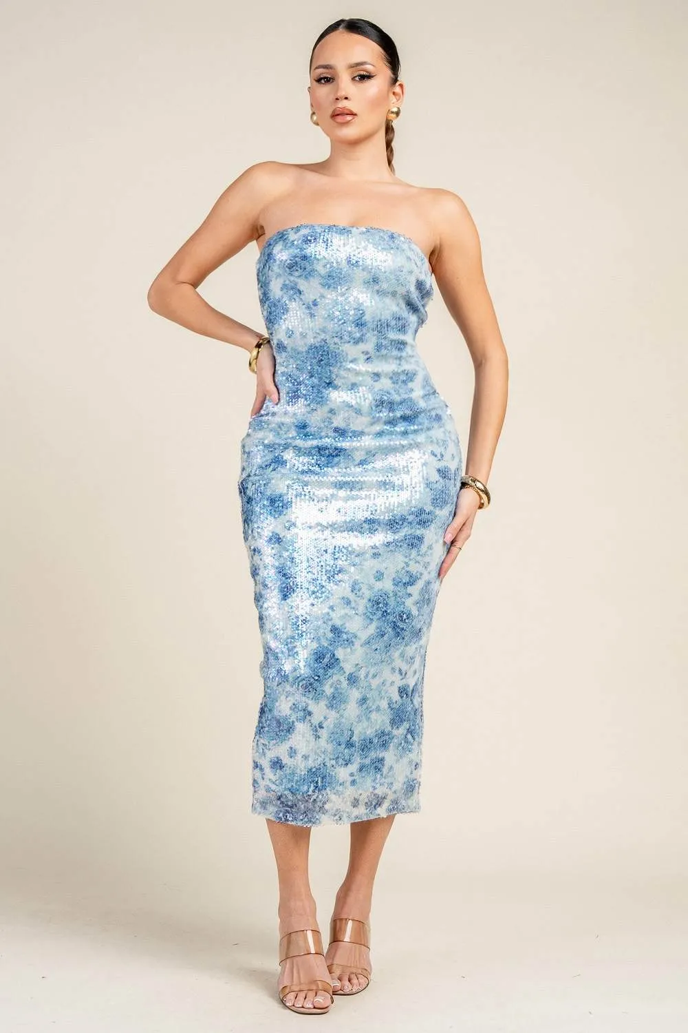 HD30824E / STRAPLESS SEQUIN PRINT MIDI DRESS W/ BACK RIBBON sold by privy product image thumbnail 4