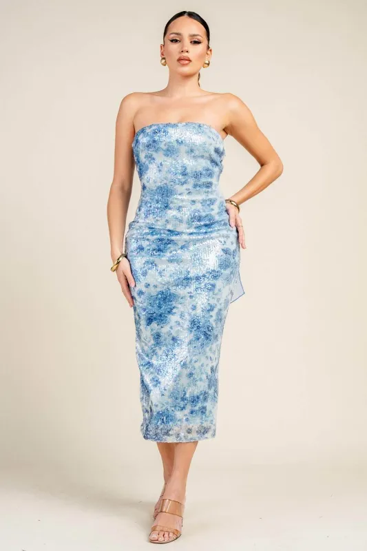 HD30824E / STRAPLESS SEQUIN PRINT MIDI DRESS W/ BACK RIBBON sold by privy