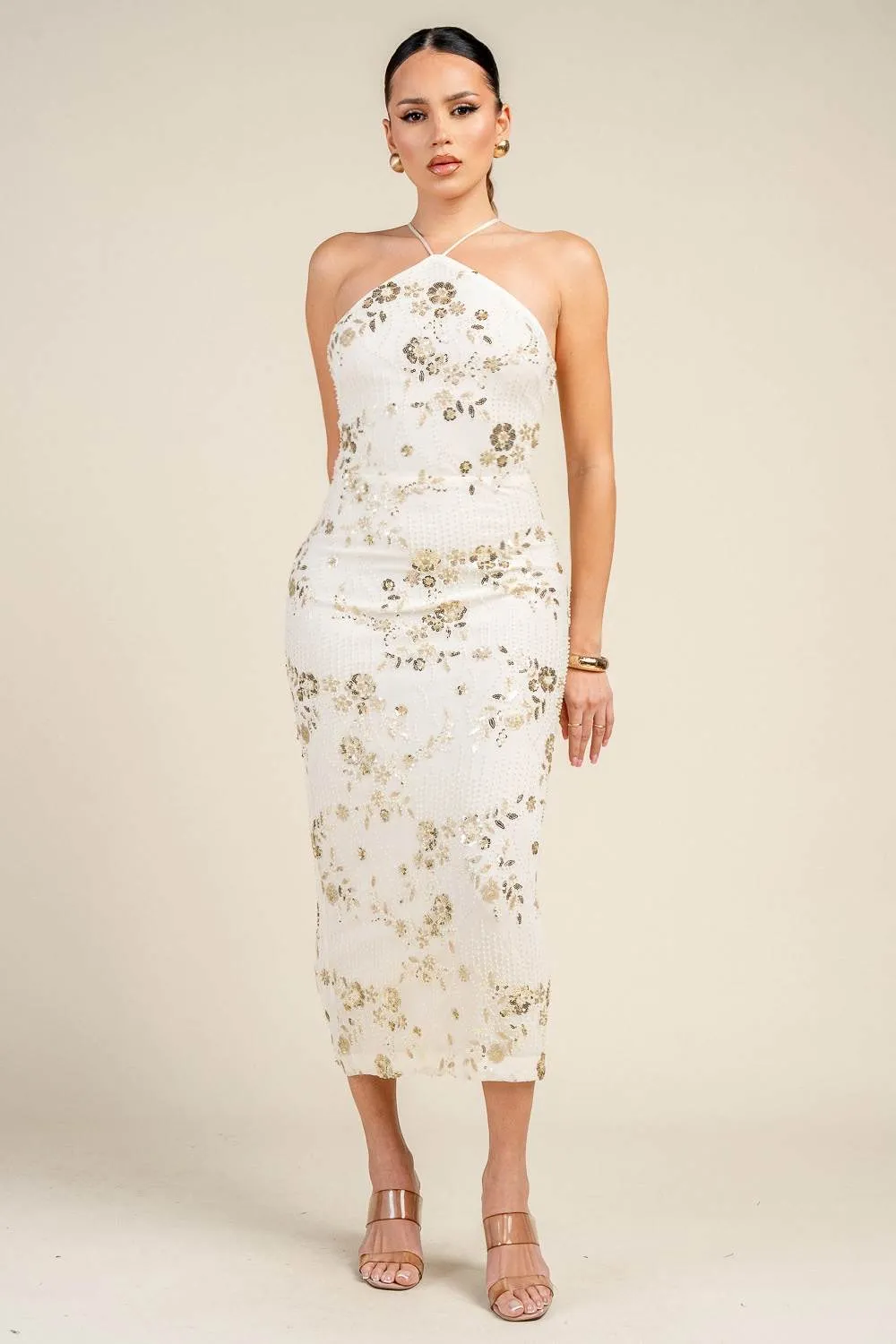 HD30674E / HALTER NECK FLORAL BEADED SEQUIN MIDI DRESS sold by privy product image thumbnail 4