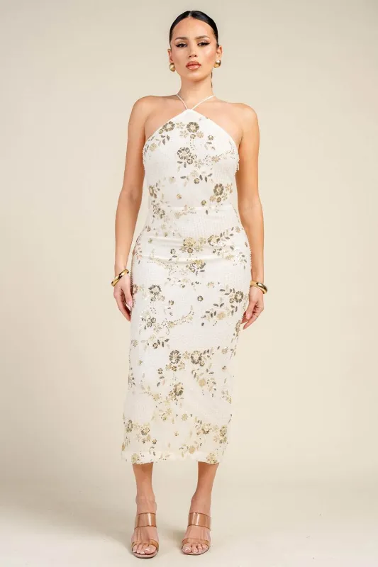 HD30674E / HALTER NECK FLORAL BEADED SEQUIN MIDI DRESS sold by privy