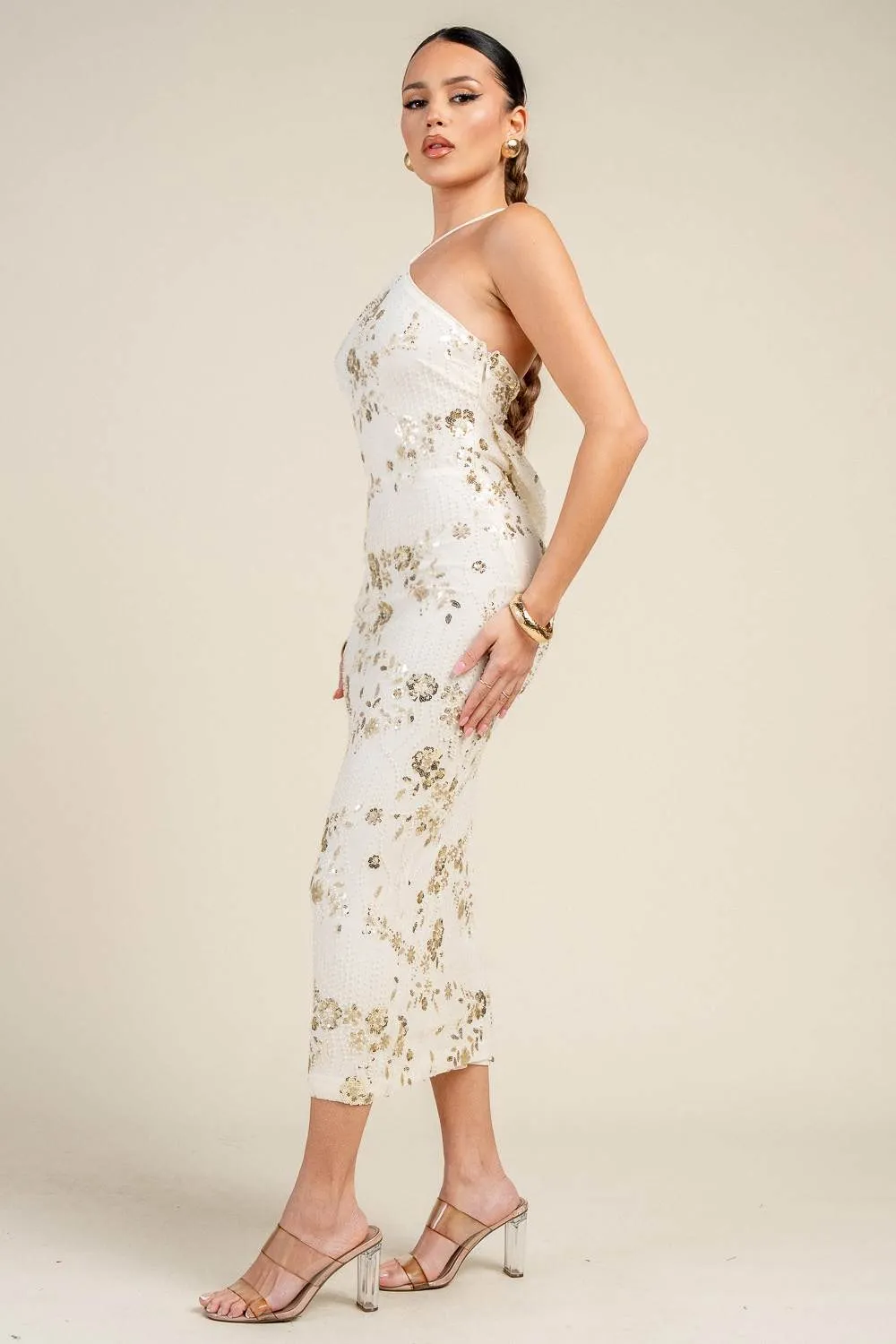 HD30674E / HALTER NECK FLORAL BEADED SEQUIN MIDI DRESS sold by privy product image thumbnail 3