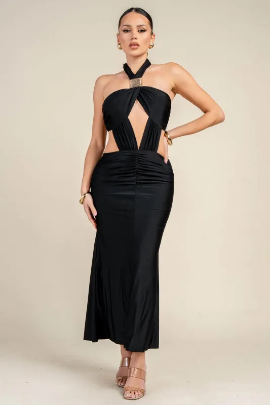 PD79518E / HALTER MAXI DRESS WITH GOLD-TONE ACCENT sold by privy