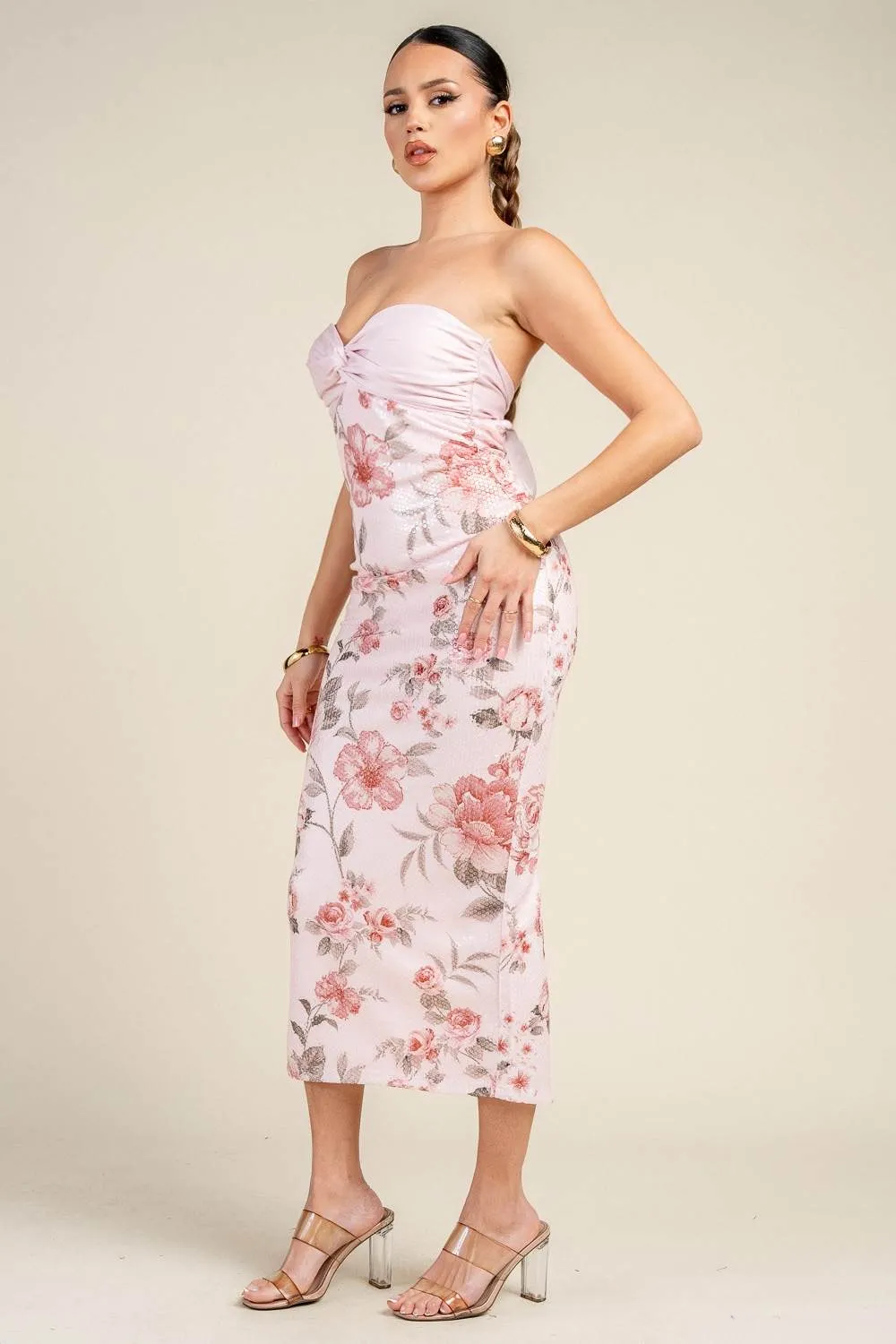HD30699BD / PRINTED CLEAR SEQUIN W/ SATIN TWIST BUST MIDI DRESS sold by privy product image thumbnail 2
