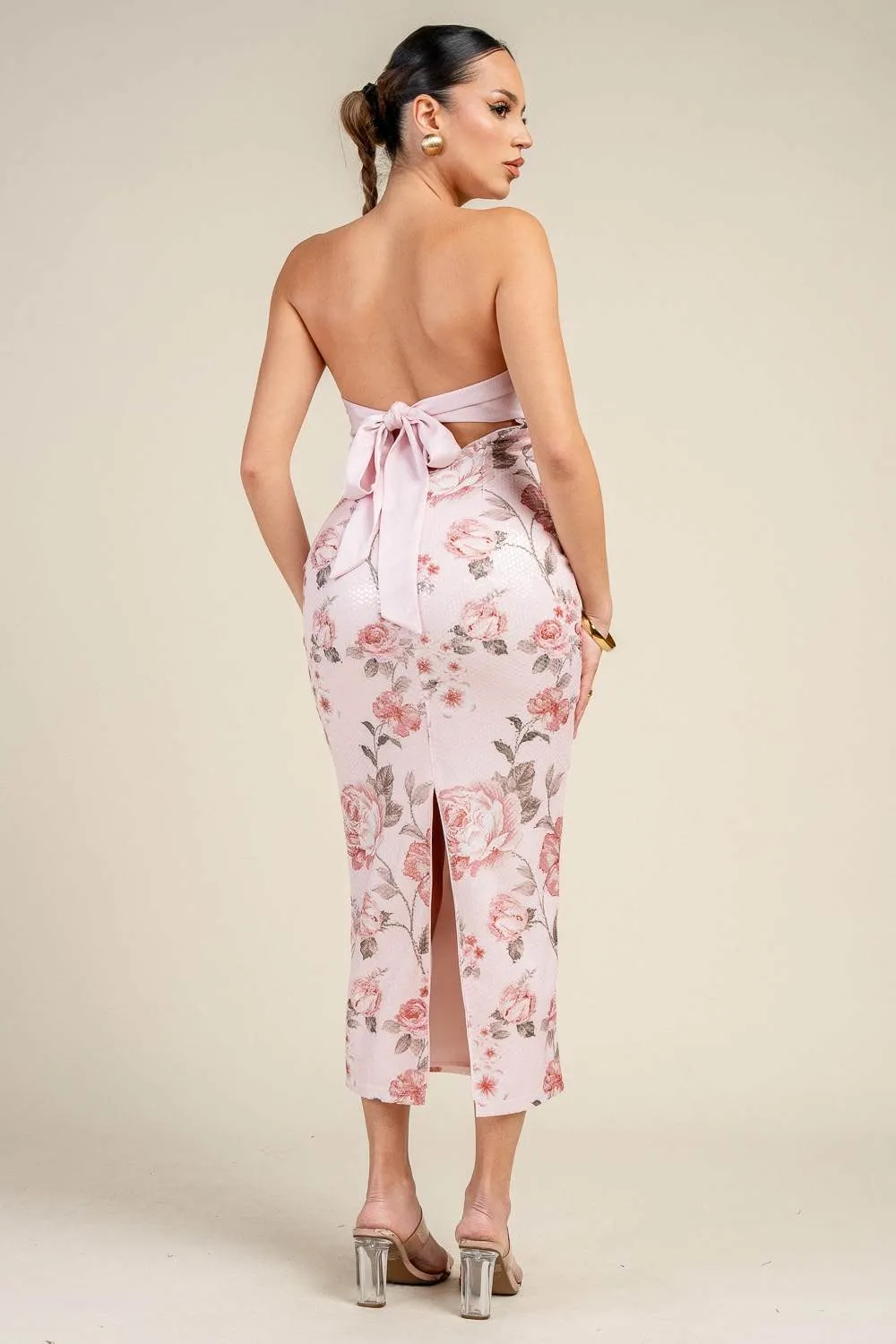 HD30699BD / PRINTED CLEAR SEQUIN W/ SATIN TWIST BUST MIDI DRESS sold by privy product image thumbnail 3