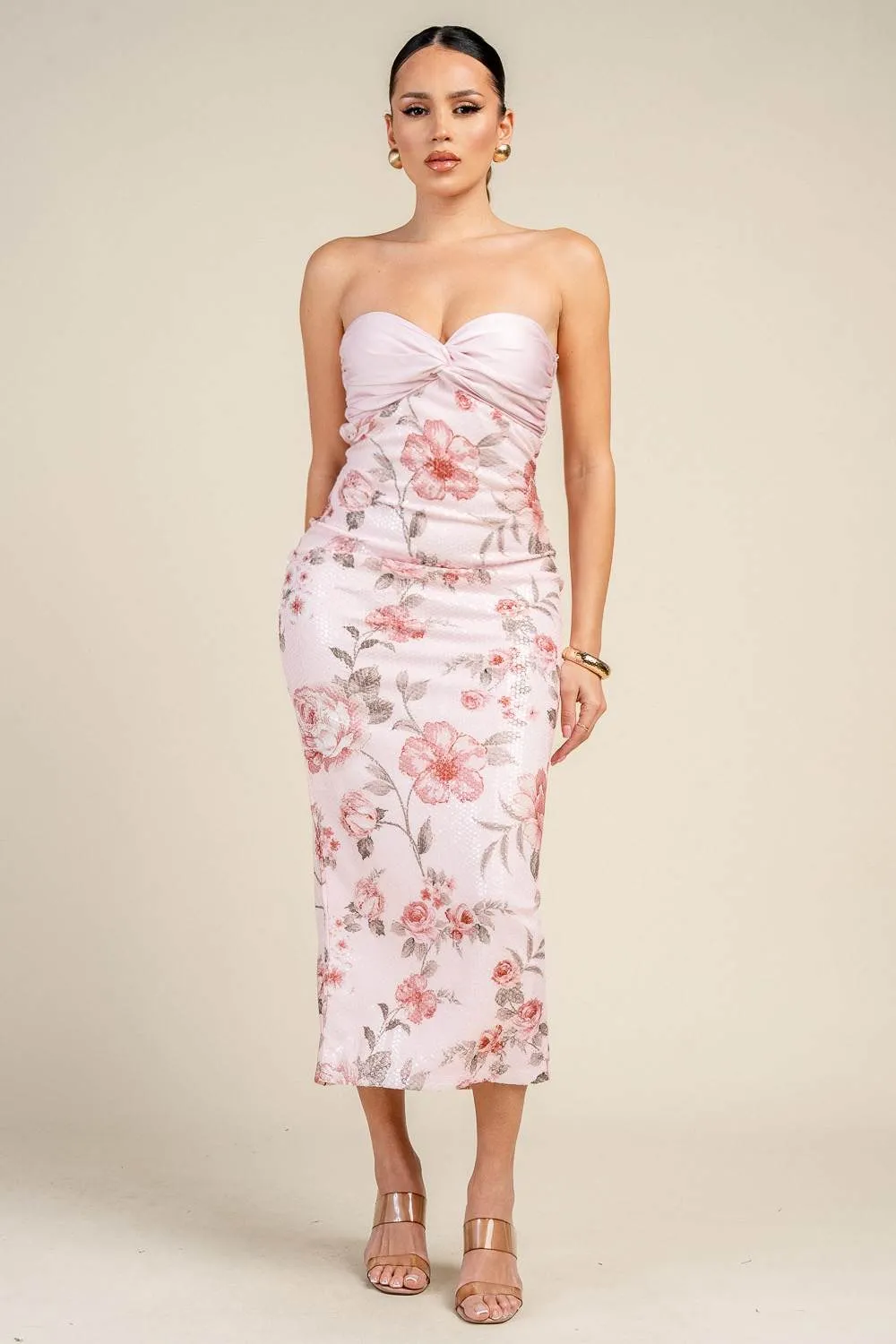 HD30699BD / PRINTED CLEAR SEQUIN W/ SATIN TWIST BUST MIDI DRESS sold by privy product image thumbnail 4