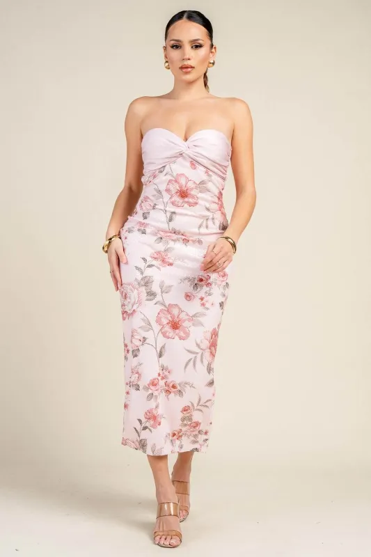 HD30699BD / PRINTED CLEAR SEQUIN W/ SATIN TWIST BUST MIDI DRESS sold by privy