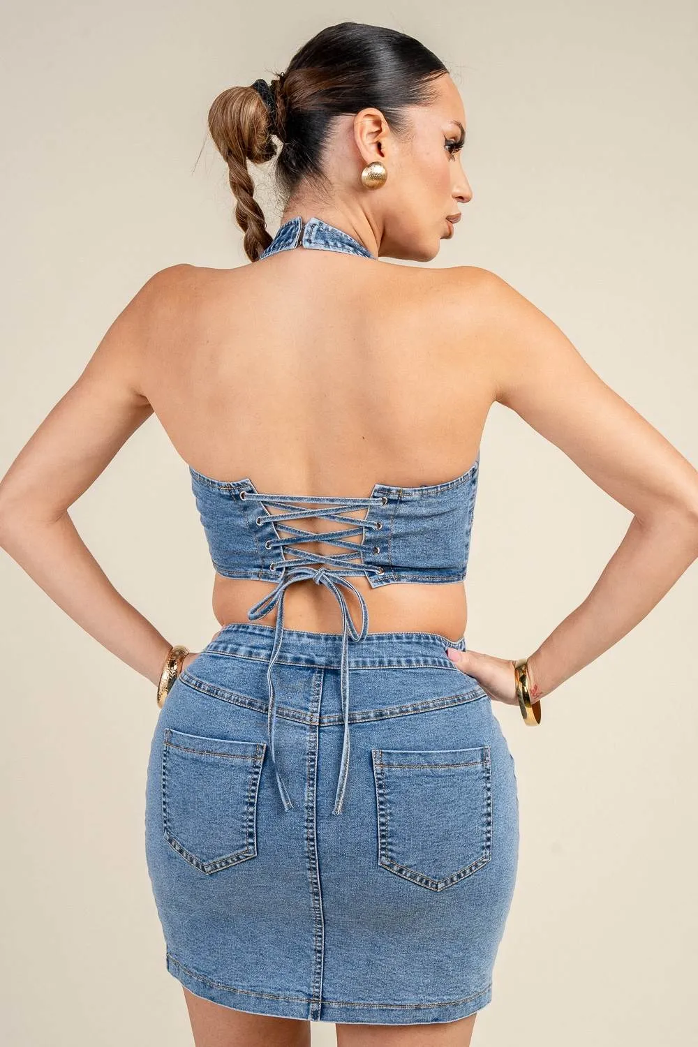 PD79549D / HALTER NECK CUTOUT WAIST LACE UP BACK DENIM MINI DRESS sold by privy product image thumbnail 3