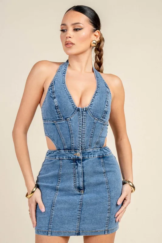 PD79549D / HALTER NECK CUTOUT WAIST LACE UP BACK DENIM MINI DRESS sold by privy