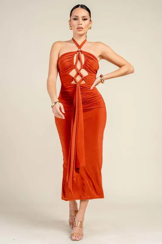 PD79464K / HALTER NECK MIDI DRESS WITH CUTOUT DETAILS sold by privy