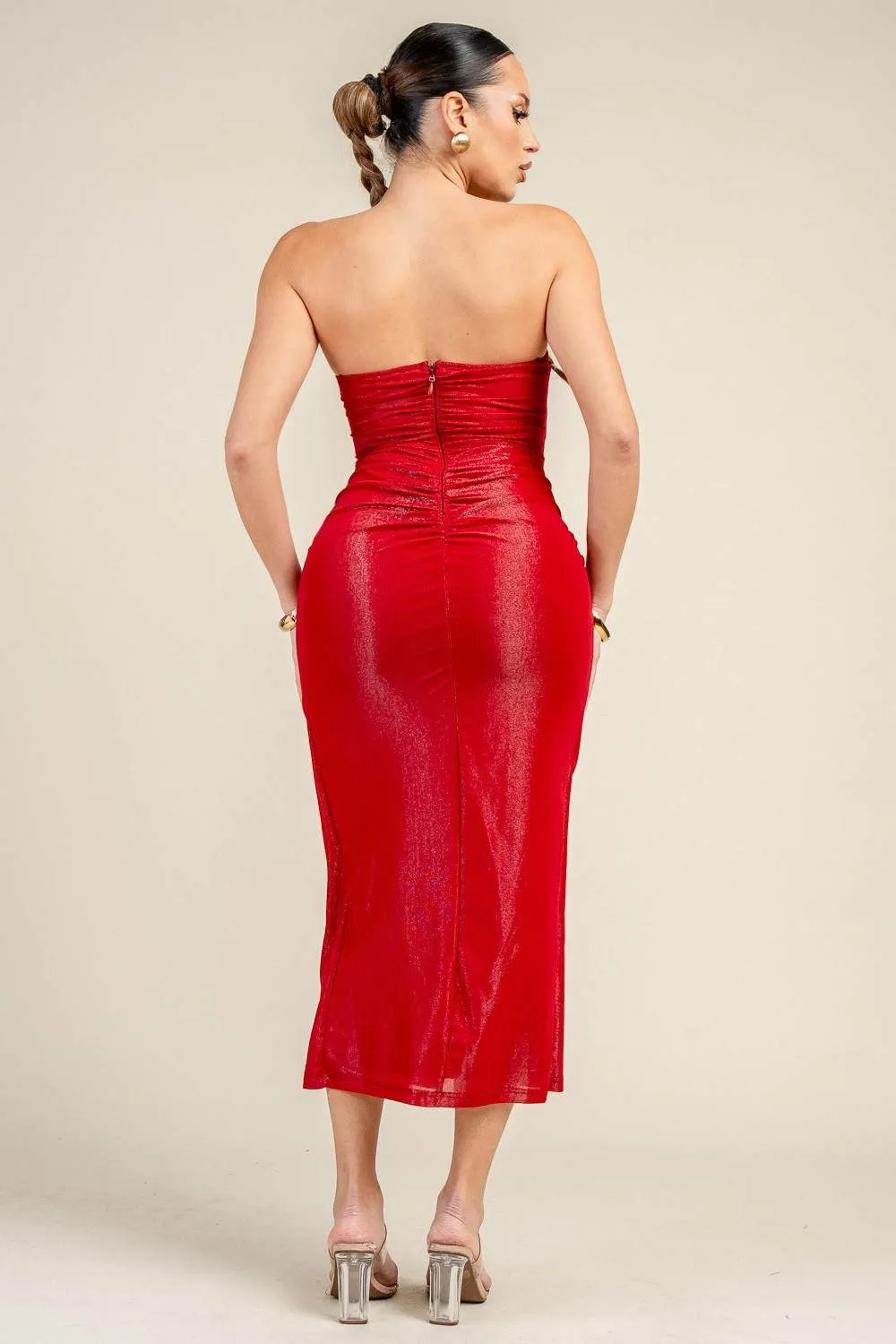 HD30901B / STRAPLESS SWEET HEART NECK RUCHED MIDI DRESS sold by privy product image thumbnail 3