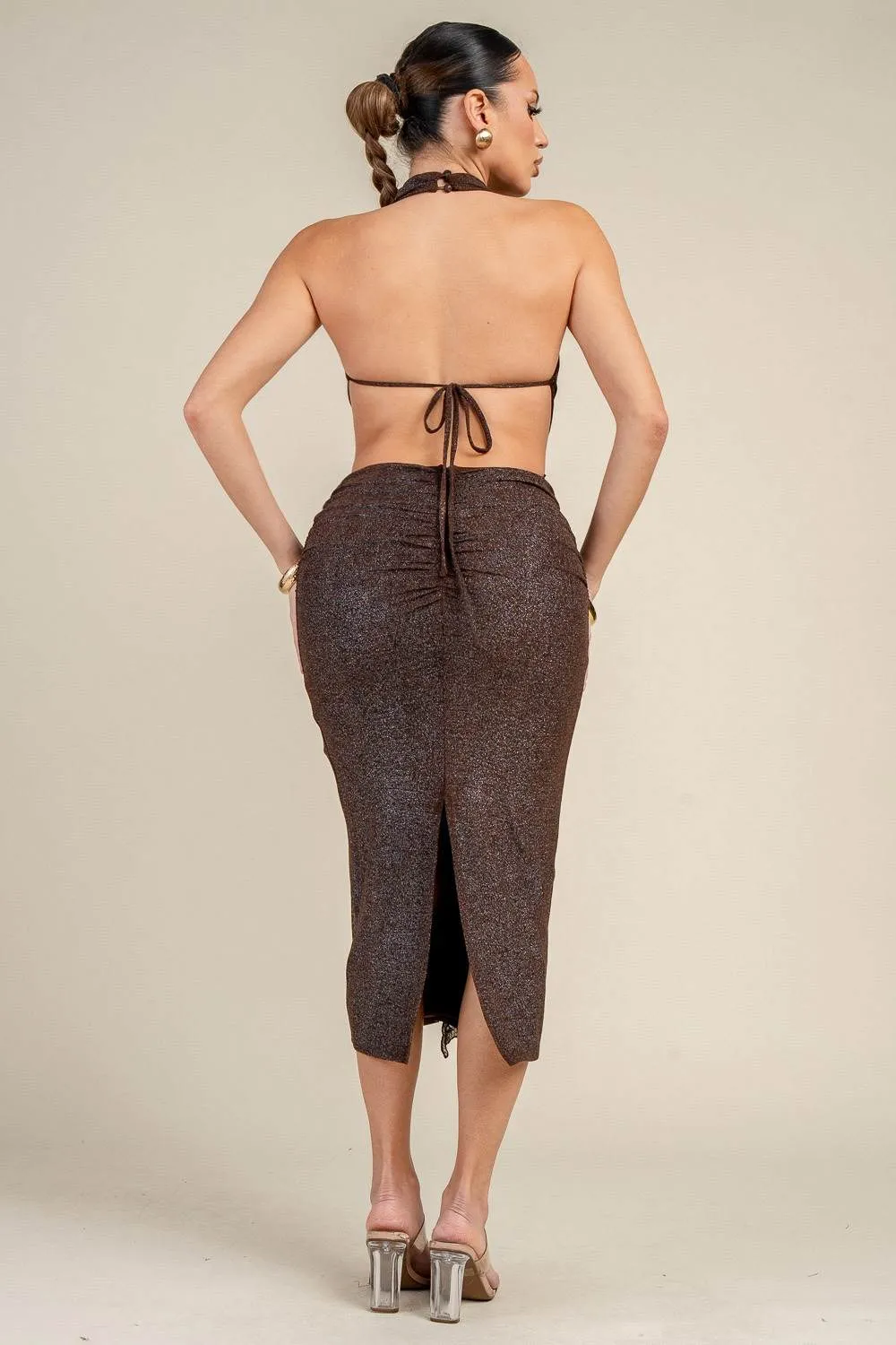 HD30995N / HALTER NECK TIE BACK SHELL TRIM DETAIL MIDI DRESS sold by privy product image thumbnail 3