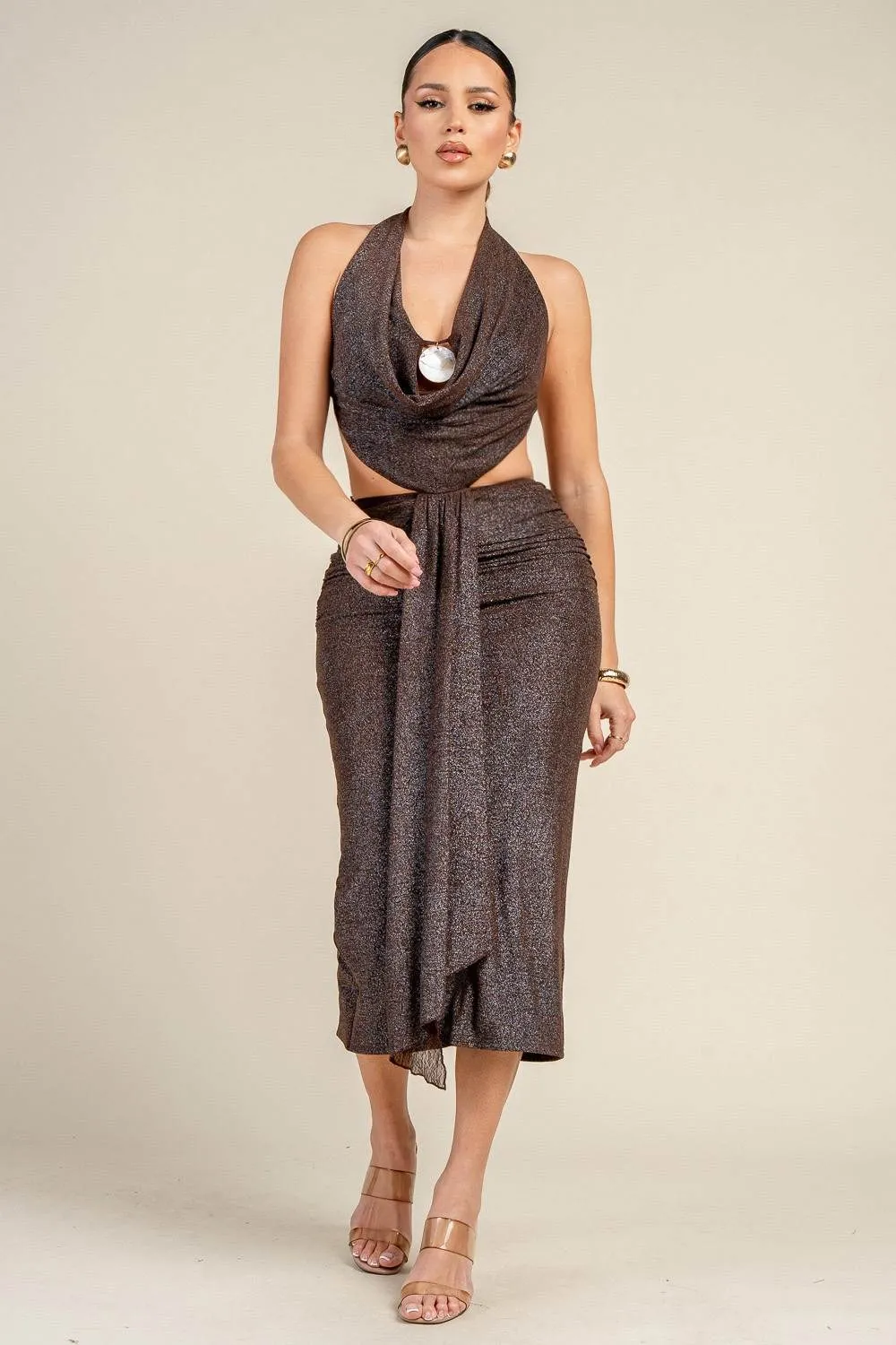 HD30995N / HALTER NECK TIE BACK SHELL TRIM DETAIL MIDI DRESS sold by privy product image thumbnail 4