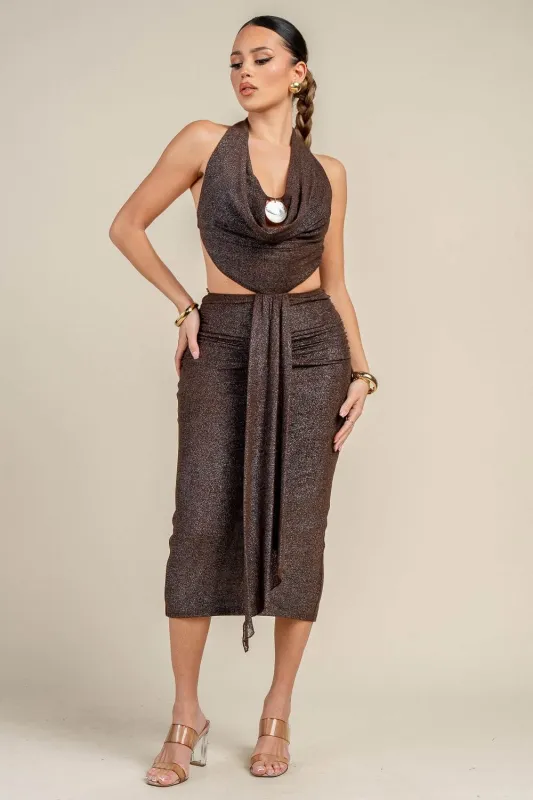 HD30995N / HALTER NECK TIE BACK SHELL TRIM DETAIL MIDI DRESS sold by privy