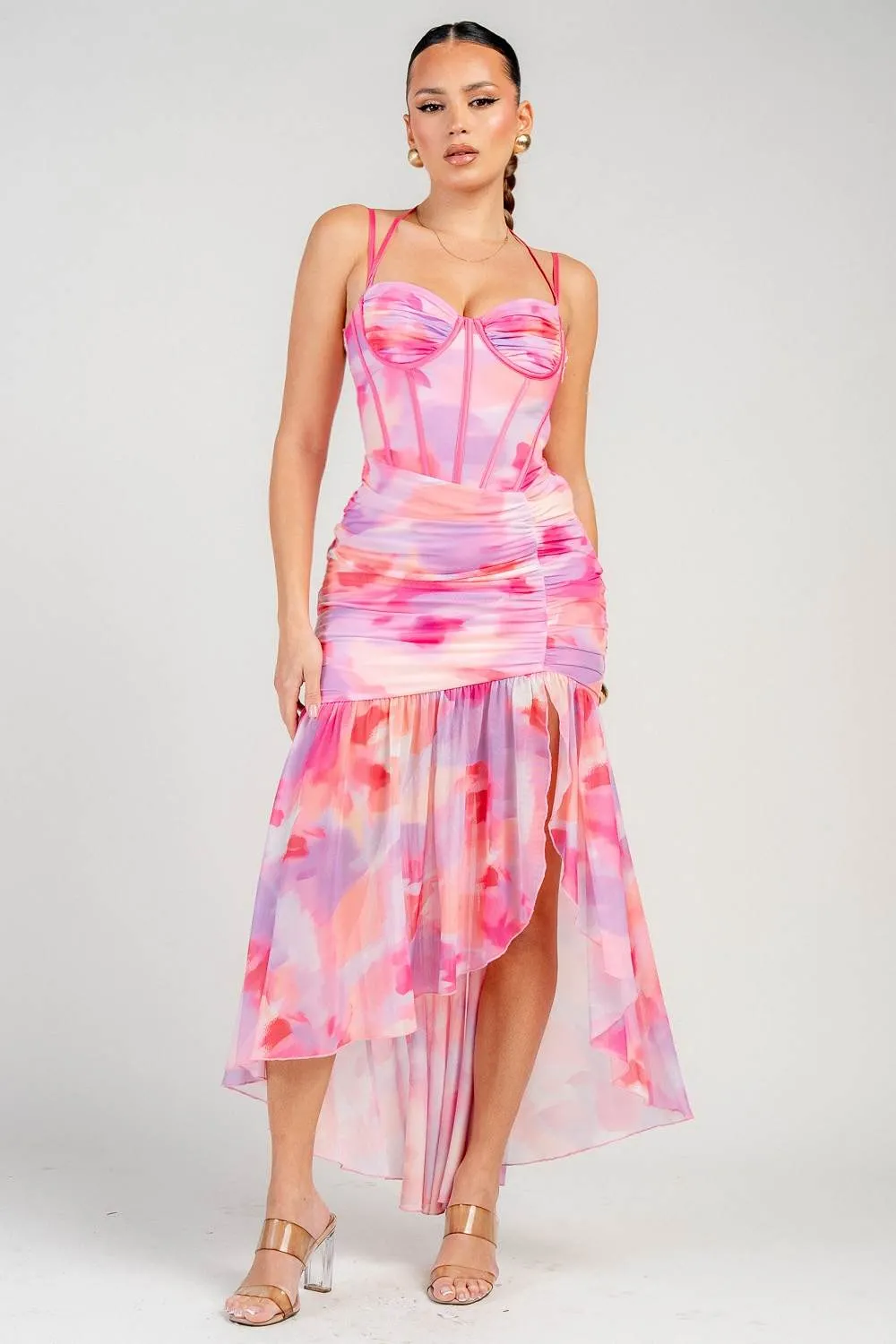 PD79452S / RUCHED ASYMMETRIC CORSET MAXI DRESS sold by privy