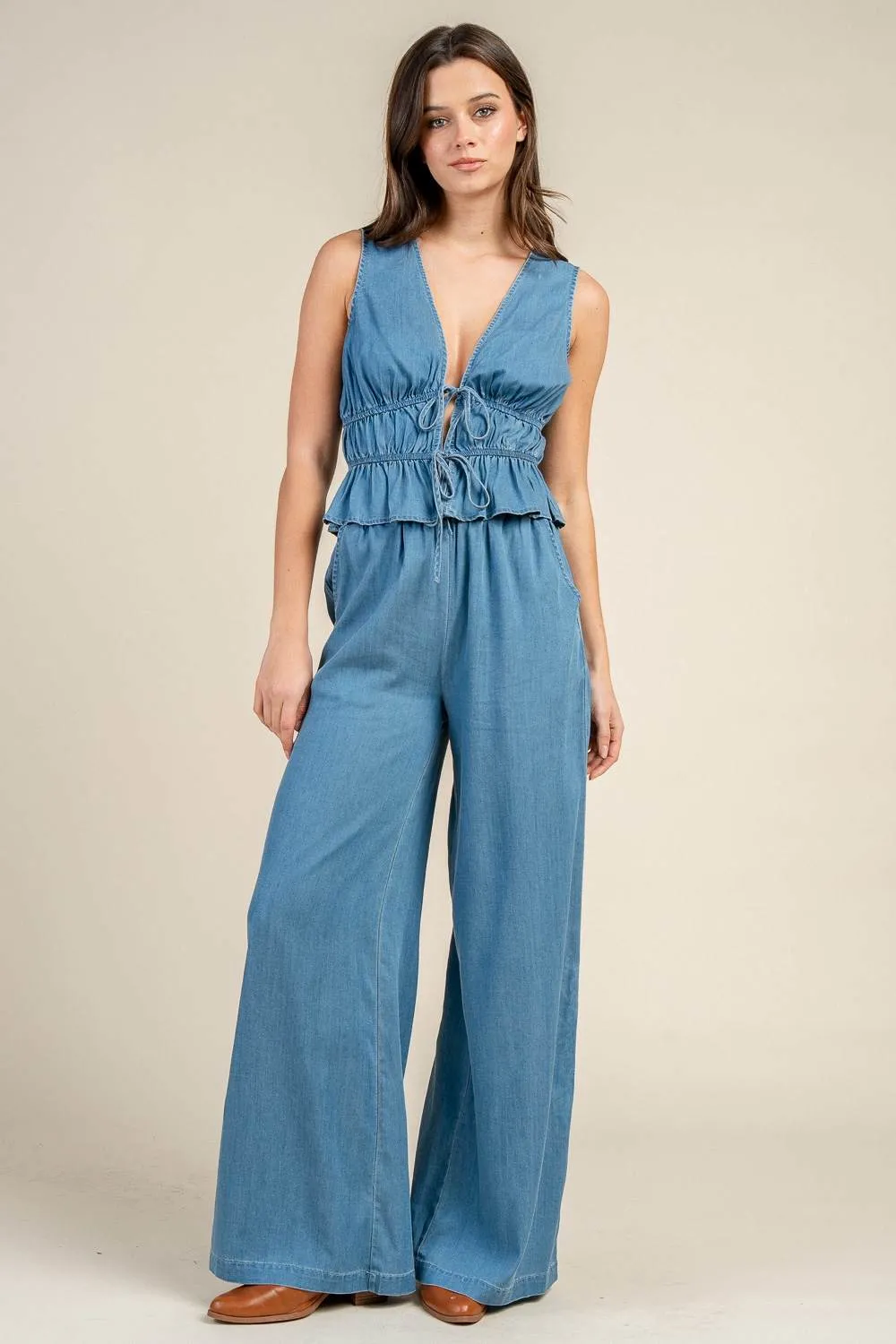 BS3623N / SLEEVELESS TOP W/TIE FRONT AND LOW WAIST WIDE LEG PANTS sold by privy product image thumbnail 3