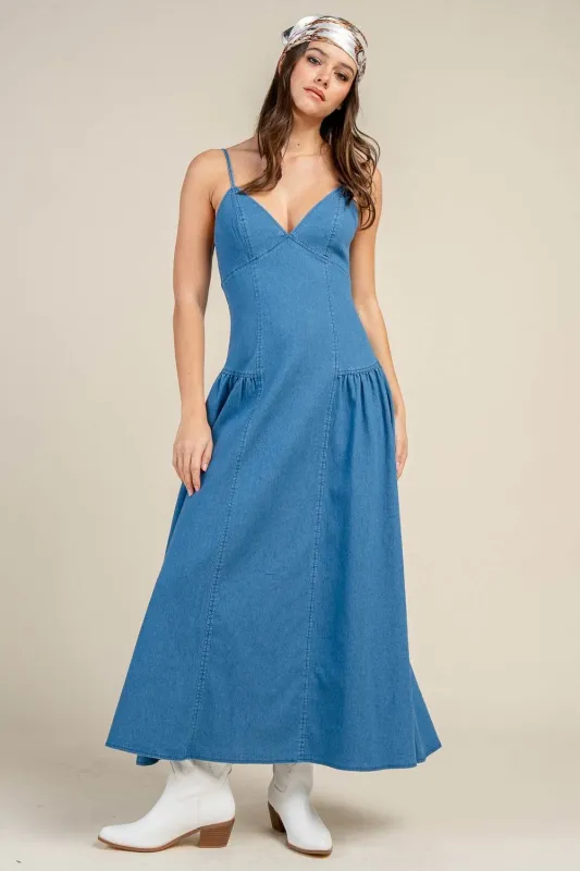 CD30923D / CHAMBRAY DENIM SPURGE NECK MAXI DRESS made by privy