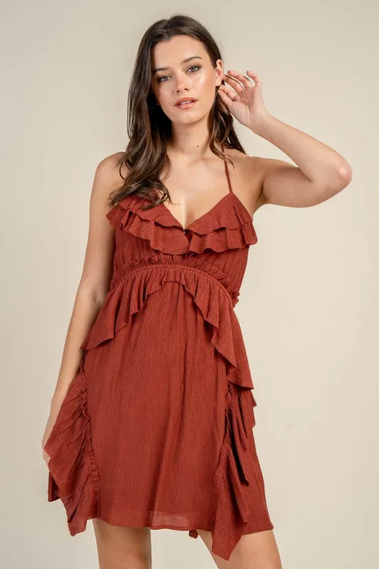 CD30824E / RAYON GAUZE MINI HALTER RUFFLED DRESS sold by privy