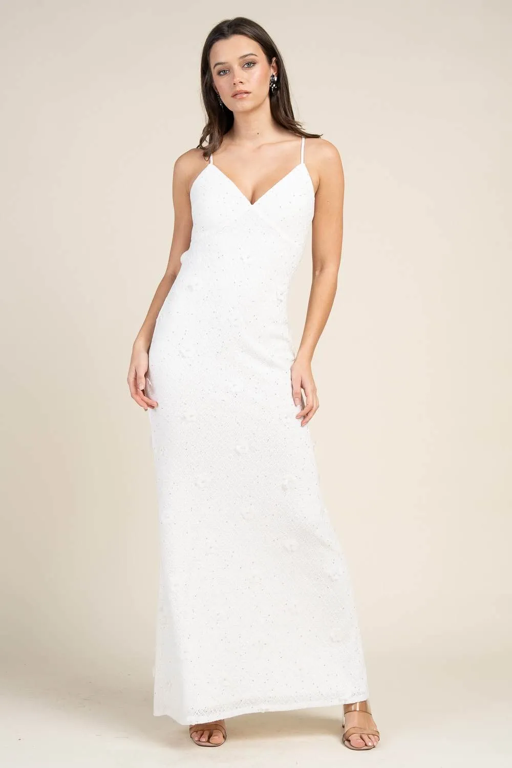 BD13180S / MAXI STRAPPY DRESS W/ FLORAL APPLIQUE sold by privy