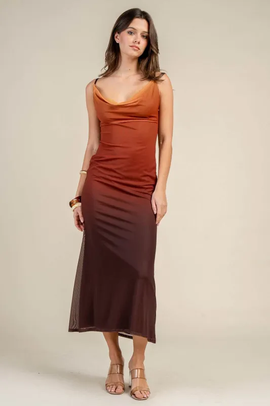 CD30834S / MESH DEEP COWL NECK MAXI DRESS made by privy
