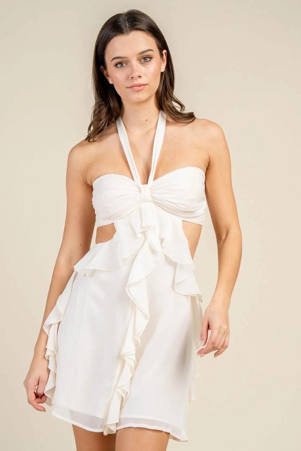 BD13284S / HALTER NECK RUFFLED CUT-OUT MINI DRESS sold by privy product image thumbnail 3