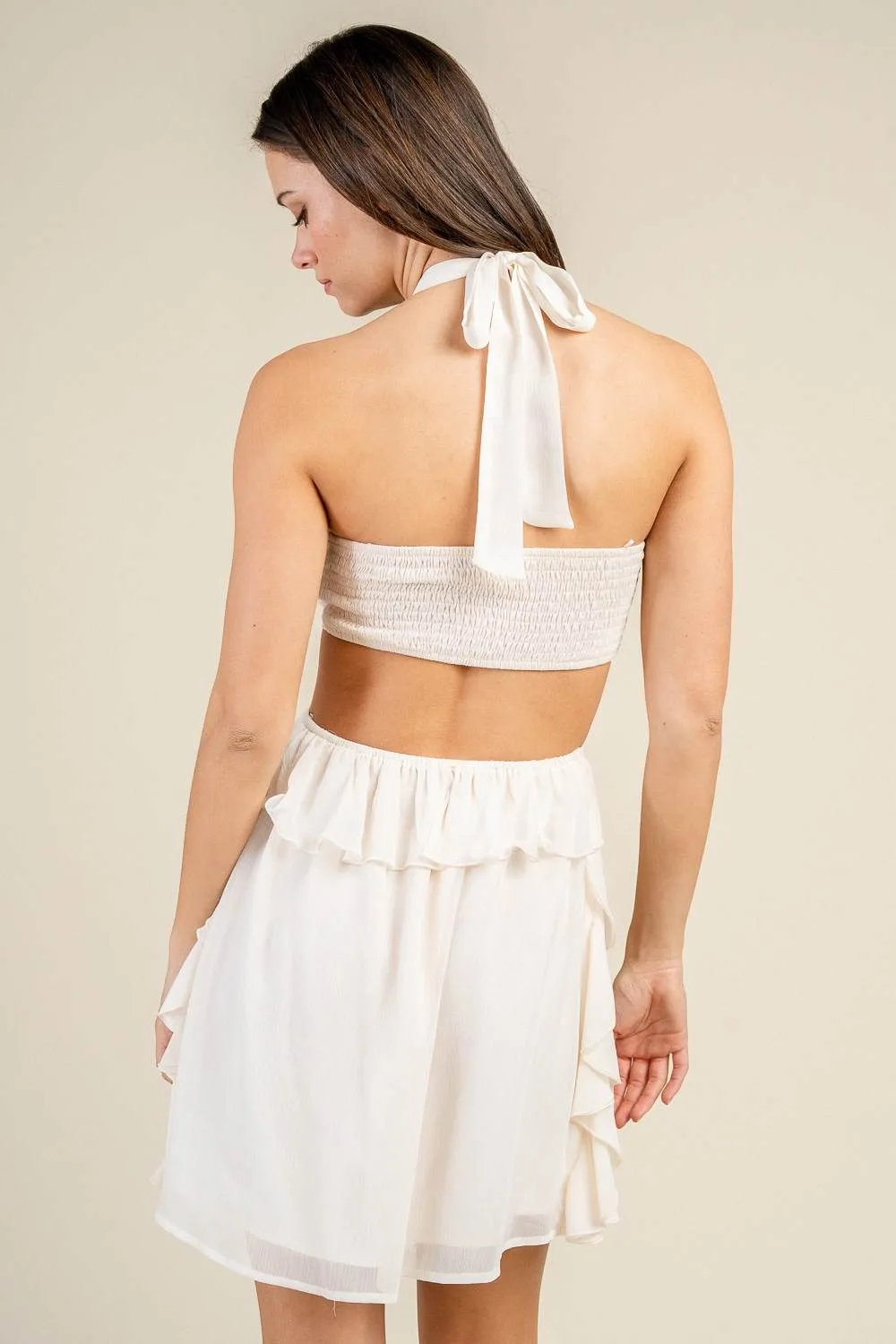 BD13284S / HALTER NECK RUFFLED CUT-OUT MINI DRESS sold by privy product image thumbnail 2