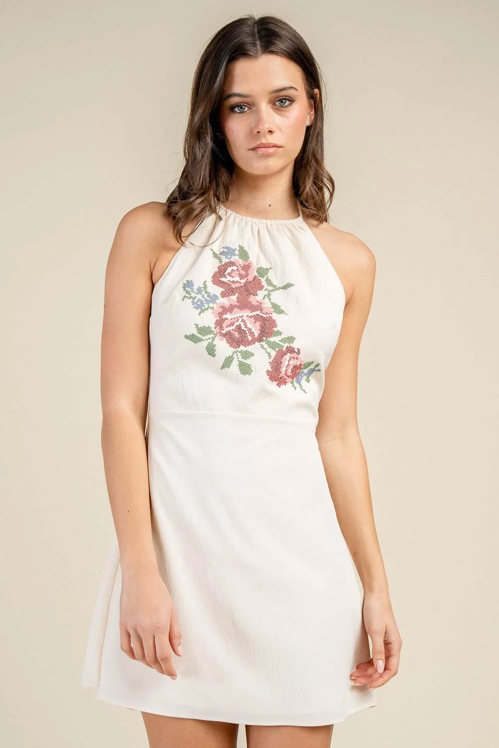 BD13372B / EMBROIDERED HALTER NECK OPEN BACK MINI DRESS sold by privy product image thumbnail 4