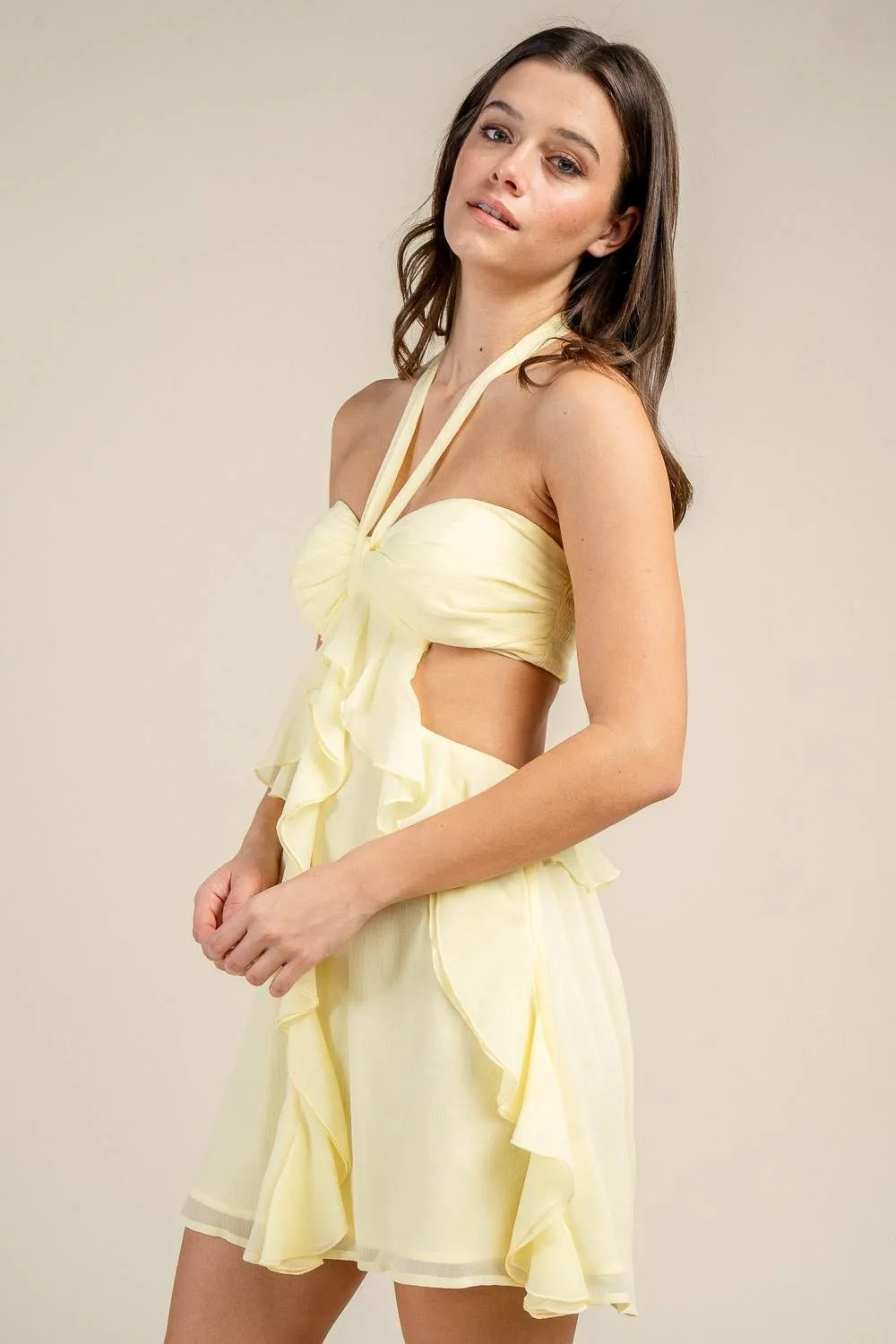 BD13284S / HALTER NECK RUFFLED CUT-OUT MINI DRESS sold by privy product image thumbnail 2