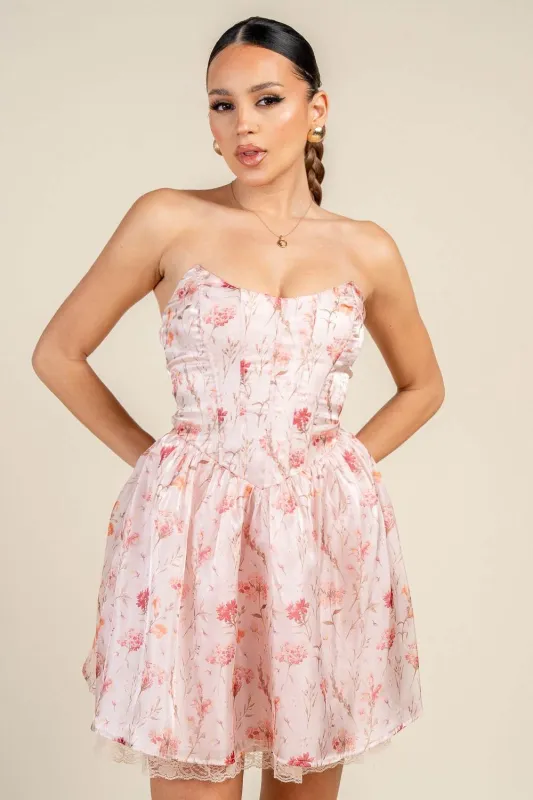 HD30232N / FLORAL CORSET BODICE LACE-UP BACK MINI DRESS sold by privy