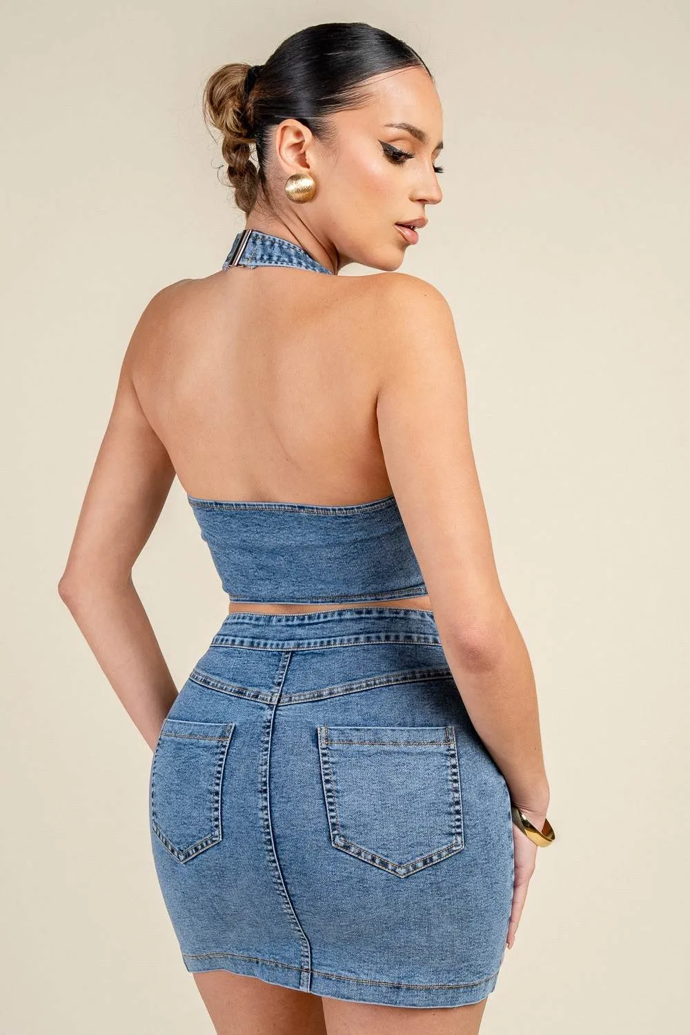 PD79595D / DENIM HALTER NECK CUT-OUT MINI DRESS sold by privy product image thumbnail 4