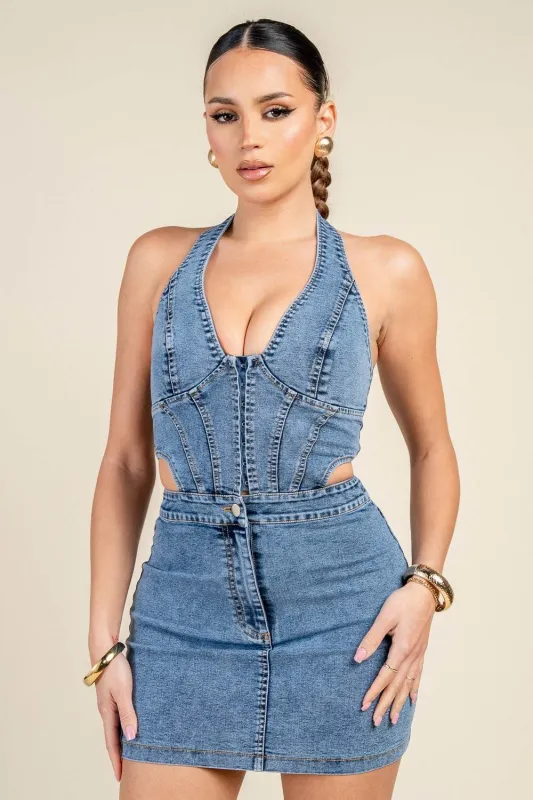 PD79595D / DENIM HALTER NECK CUT-OUT MINI DRESS sold by privy