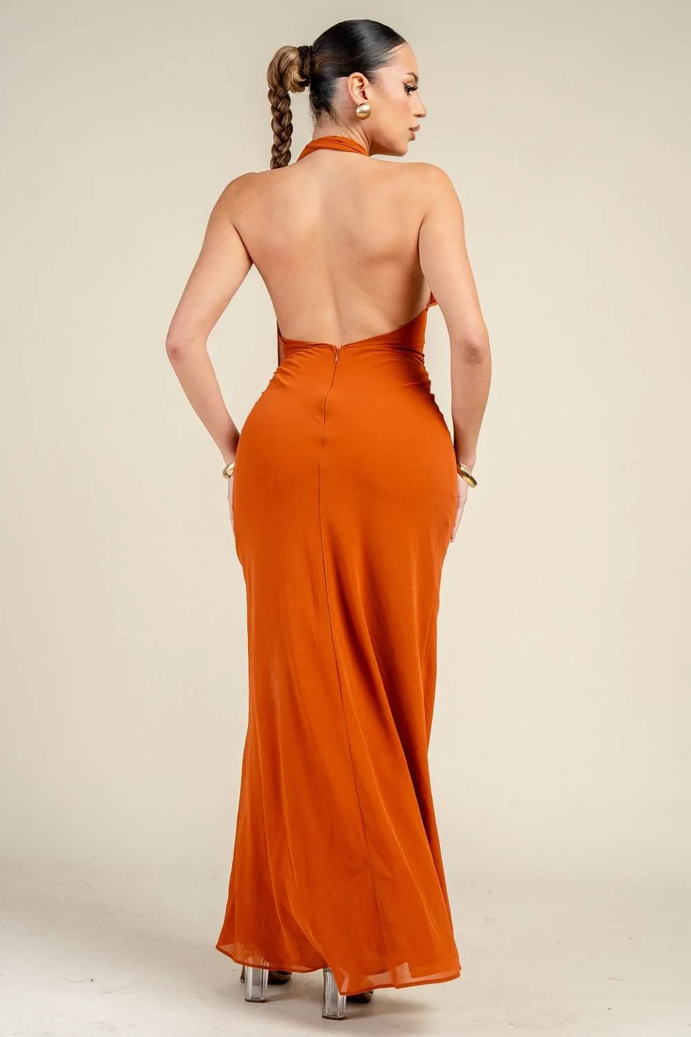 PD79499B / DRAPED HALTER NECK OPEN BACK MAXI DRESS sold by privy product image thumbnail 3