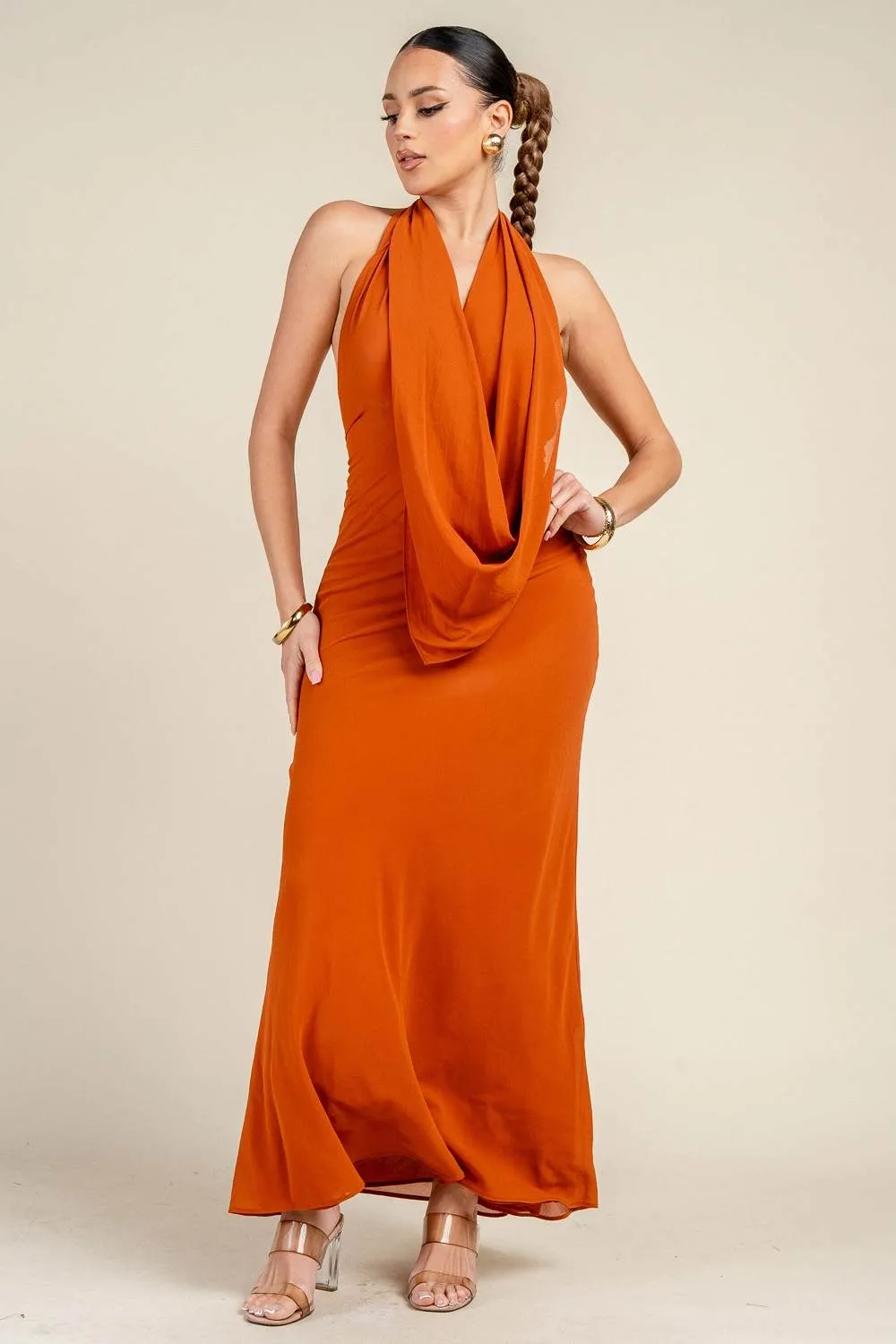 PD79499B / DRAPED HALTER NECK OPEN BACK MAXI DRESS sold by privy